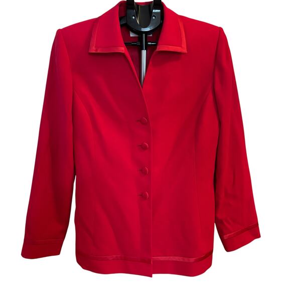 Kasper Red Button Front Blazer Jacket Womens Size 12 Satin Trim Career - Picture 1 of 8